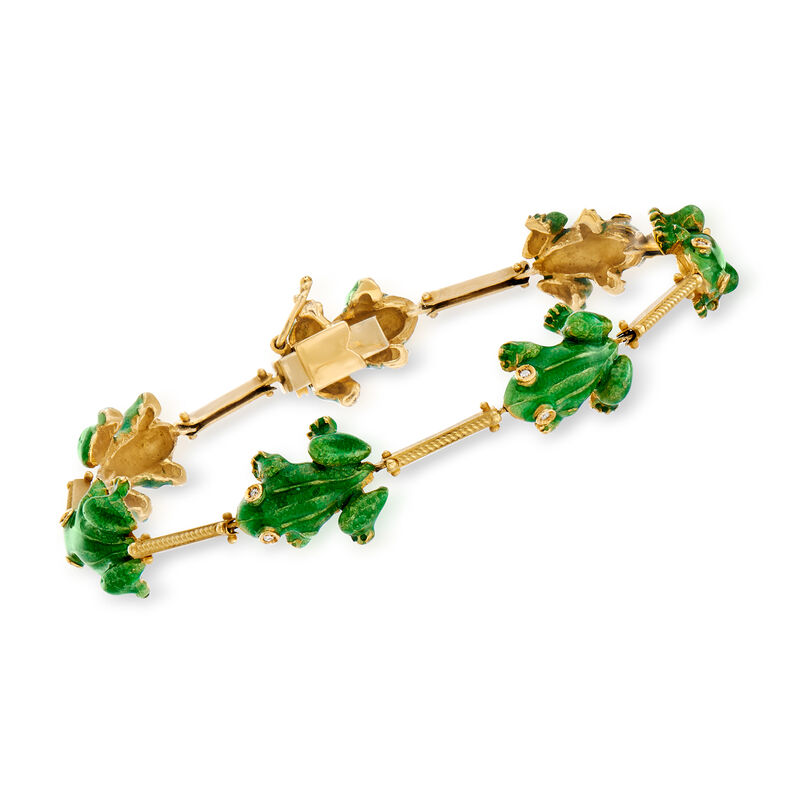C. 1980 Vintage Green Enamel Frog Bracelet with Diamond Accents in 18kt Yellow Gold. 7&quot; image number 0