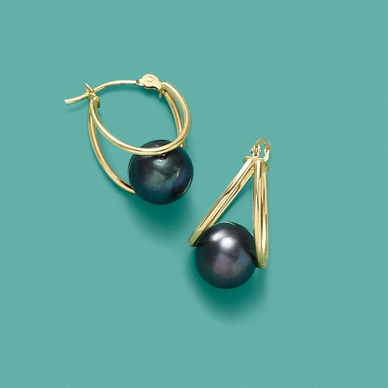 Black Onyx Double-Hoop Earrings in 14kt Yellow Gold. 3/4&quot; image number 2
