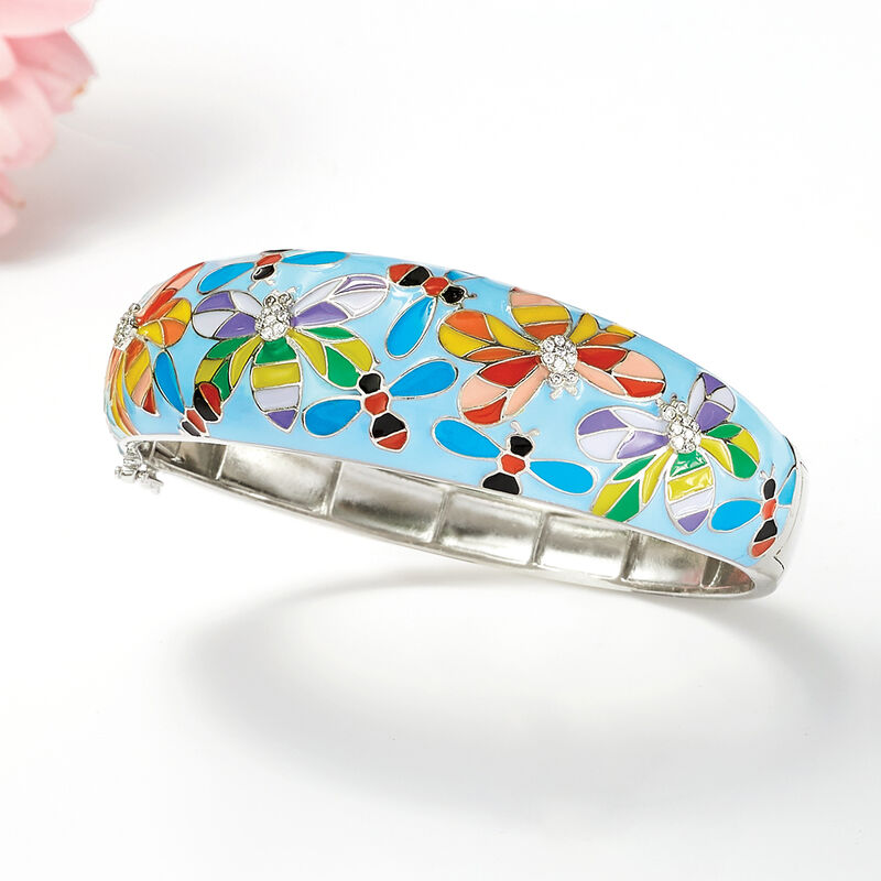 .20 ct. t.w. White Topaz and Multicolored Enamel Critter Bangle Bracelet in Sterling Silver image number 2