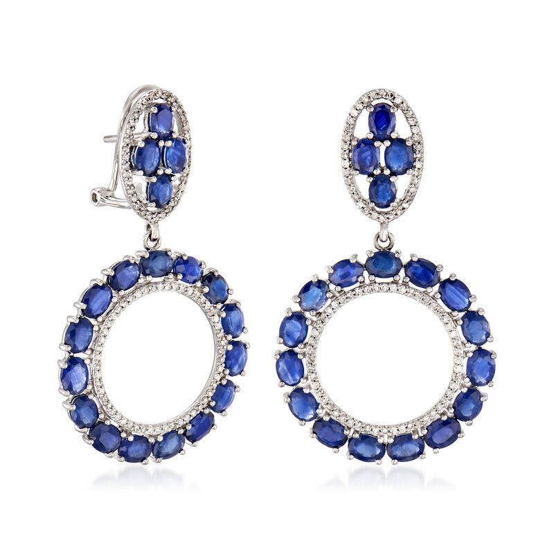 9.00 ct. t.w. Sapphire and .52 ct. t.w. Diamond Circle Drop Earrings in 14kt White Gold image number 2