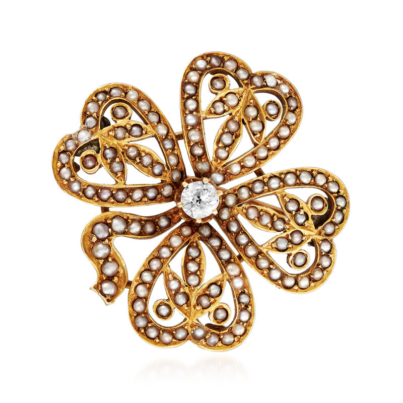 C. 1920 Vintage .20 Carat Diamond and Seed Pearl Shamrock Pin in 18kt Yellow Gold image number 0