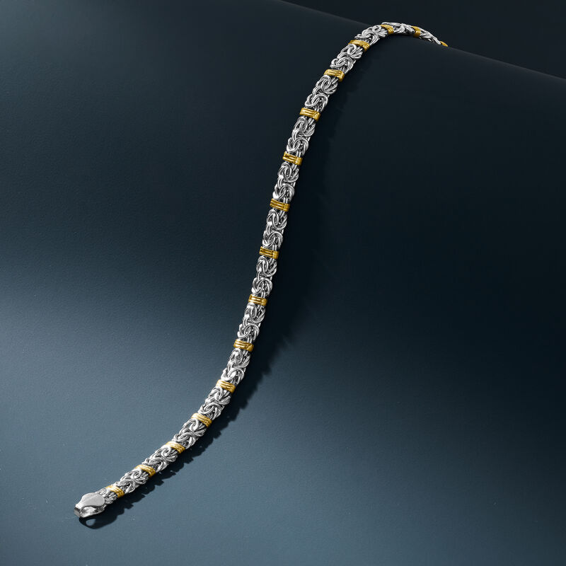 Sterling Silver and 14kt Yellow Gold Byzantine Station Bracelet image number 2