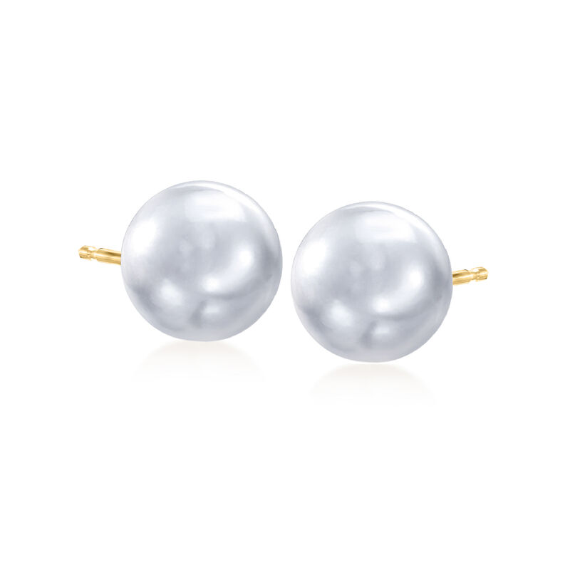 10-11mm Gray Cultured Button Pearl Stud Earrings in 14kt Yellow Gold image number 2
