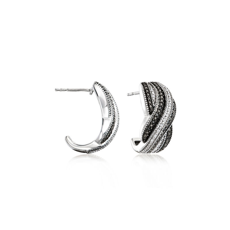 .30 ct. t.w. Black and White Diamond Twisted Striped J-Hoop Earrings in Sterling Silver. 7/8&quot; image number 0