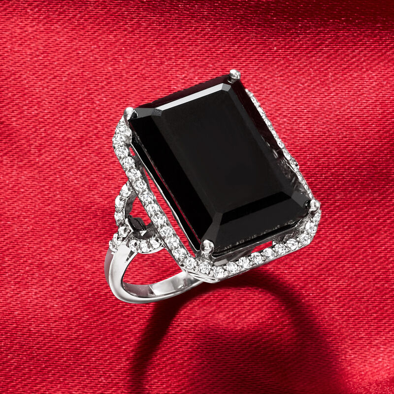Onyx and .90 ct. t.w. White Topaz Ring in Sterling Silver image number 4