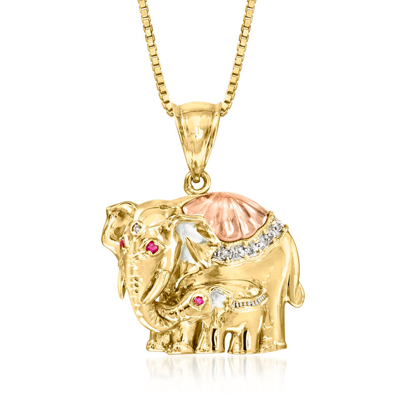 C. 1980 Vintage .24 ct. t.w. CZ and .15 ct. t.w. Ruby Mother and Baby Elephant Necklace in 14kt Tri-Colored Gold. 22" image number 0