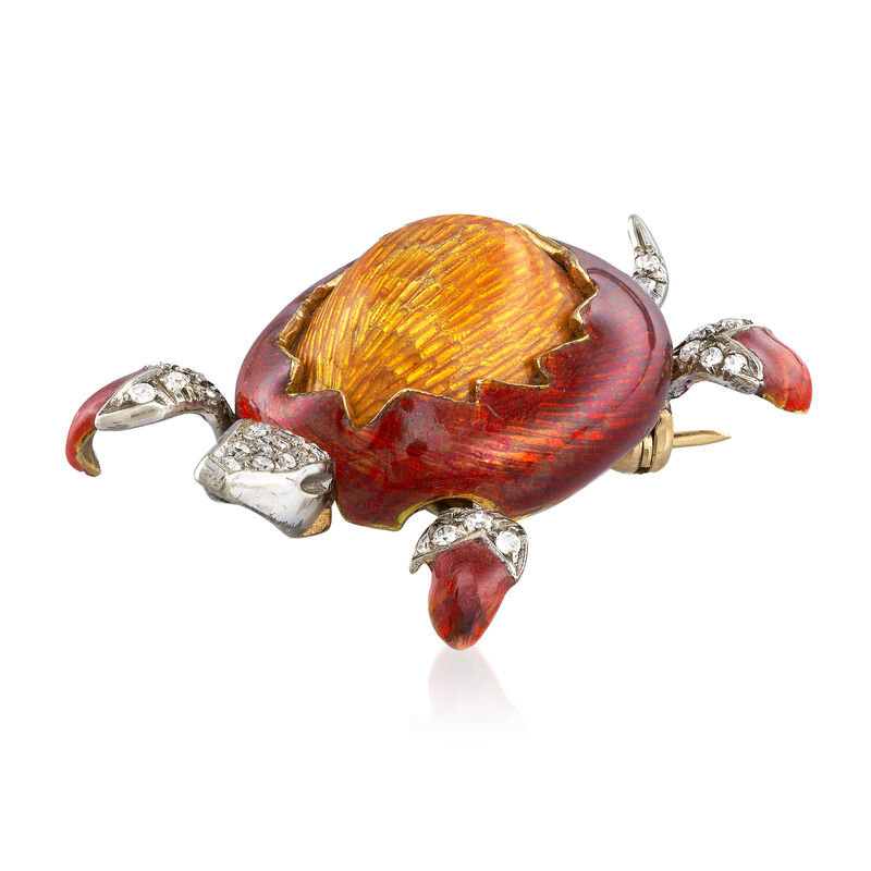 C. 1980 Vintage .45 ct. t.w. Diamond Turtle Pin with Red and Orange Enamel in 18kt Two-Tone Gold image number 2