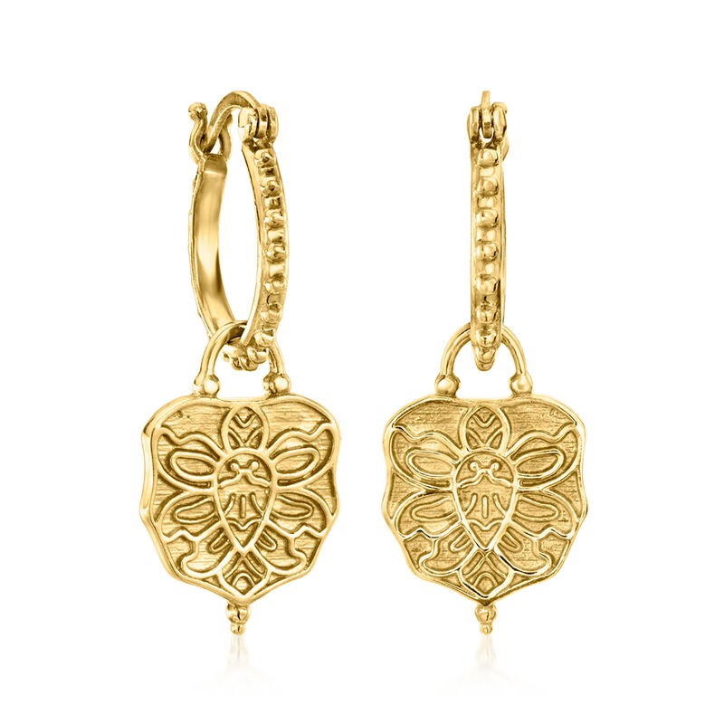 18kt Gold Over Sterling Beaded Hoop Drop Earrings with Removable Floral Charms. 1 3/8&quot; image number 0