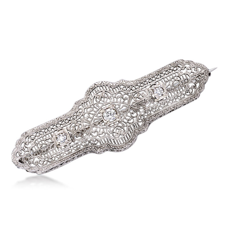 C. 1950 Vintage .25 ct. t.w. Diamond Filigree Bar Pin in 14kt White Gold image number 0