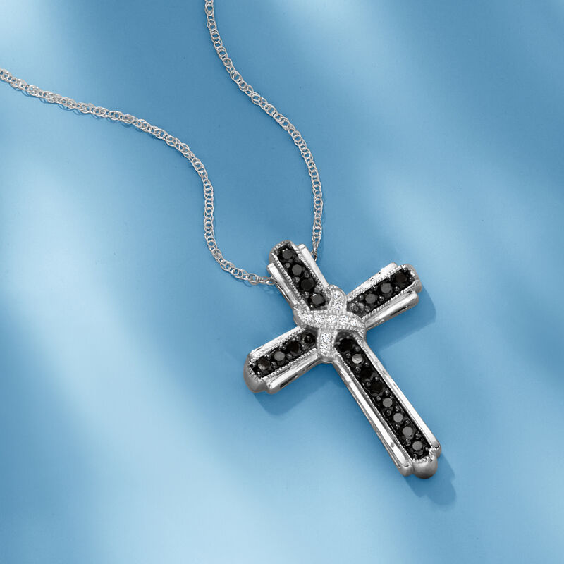 1.00 ct. t.w. Black and White Diamond Cross Pendant Necklace in Sterling Silver image number 2