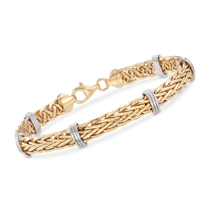 14kt Two-Tone Gold Wheat Link and Bar Station Bracelet image number 0
