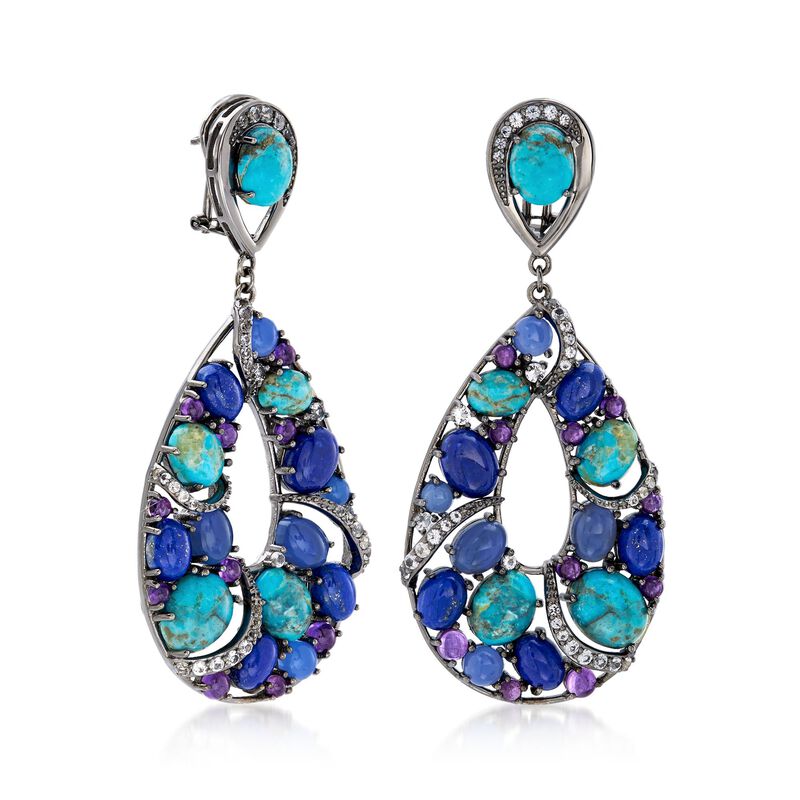 Turquoise and Lapis Drop Earrings with 5.00 ct. t.w. Multi-Stones in Sterling Silver  image number 2
