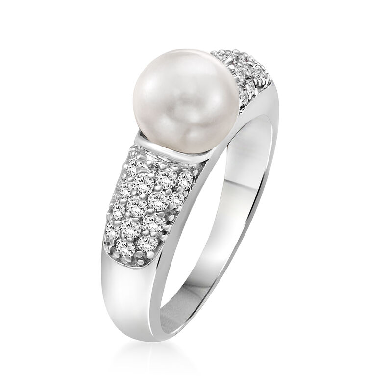 7.5-8mm Cultured Pearl and .49 ct. t.w. Diamond Ring in 14kt White Gold. Size 8 image number 1
