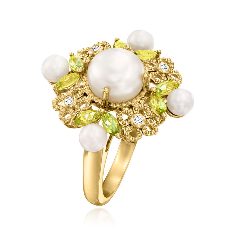 3.5-8.5mm Cultured Pearl and .80 ct. t.w. Peridot Ring with White Zircons in 18kt Gold Over Sterling image number 2
