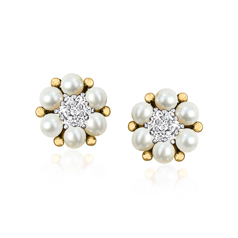 2.5-3mm Cultured Pearl and .11 ct. t.w. Diamond Flower Earrings in 14kt Yellow Gold  image number 0