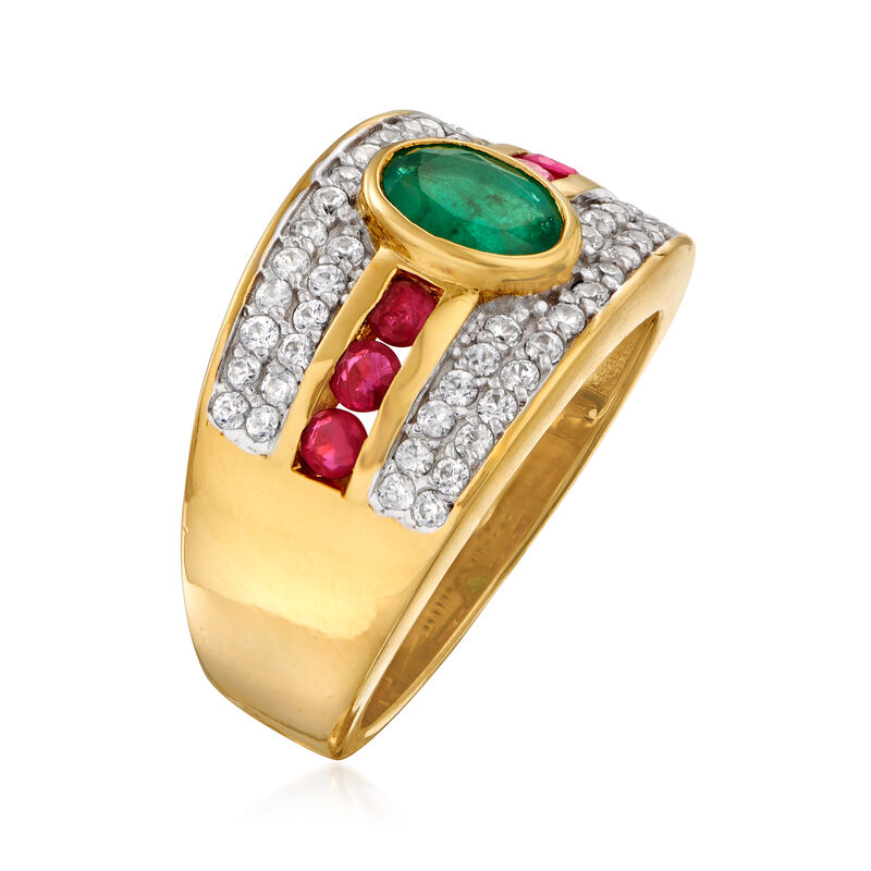 .80 Carat Emerald, .50 ct. t.w. White Zircon and .40 ct. t.w. Ruby Ring in 18kt Gold Over Sterling image number 2