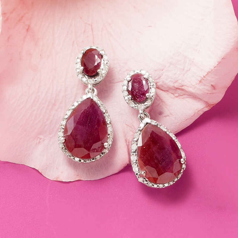 12.90 ct. t.w. Ruby and .35 ct. t.w. Diamond Drop Earrings in Sterling Silver image number 4