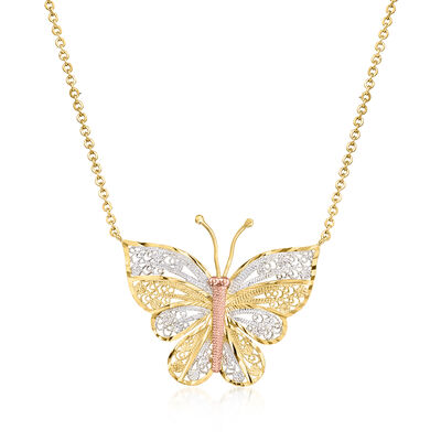 C. 1980 Vintage 14kt Tri-Colored Gold Butterfly Necklace
