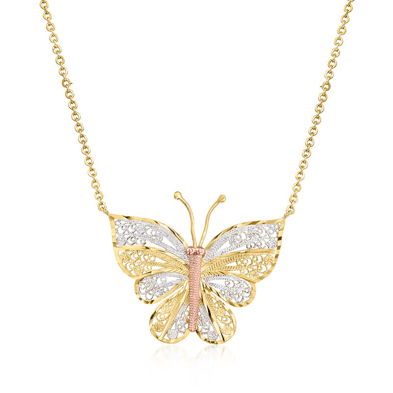 C. 1980 Vintage 14kt Tri-Colored Gold Butterfly Necklace. 17" image number 0