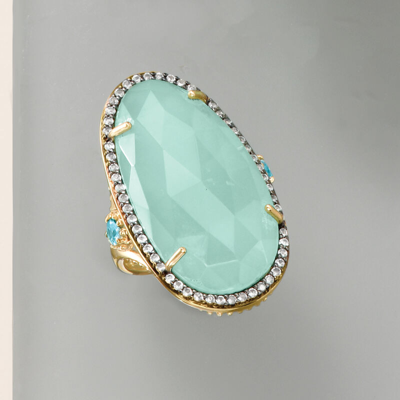 Aqua Chalcedony and .70 ct. t.w. Blue and White Topaz Ring in 18kt Gold Over Sterling image number 6