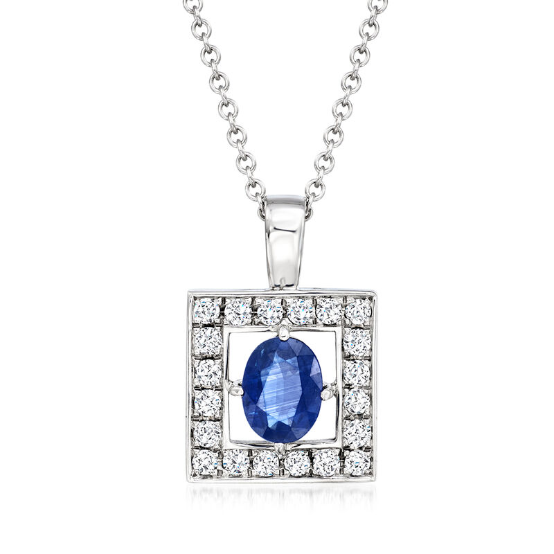 C. 1990 Vintage 1.64 Carat Sapphire and .64 ct. t.w. Diamond Square Pendant Necklace in 18kt White Gold. 16" image number 0