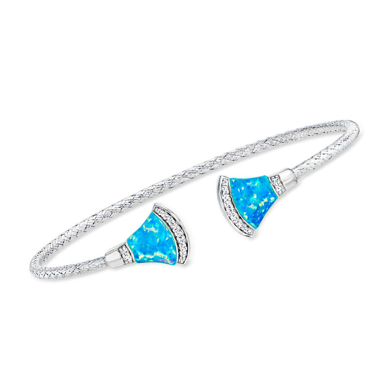 Charles Garnier &quot;Fanfare&quot; Synthetic Blue Opal and .10 ct. t.w. CZ Cuff Bracelet in Sterling Silver. 7.5&quot; image number 0