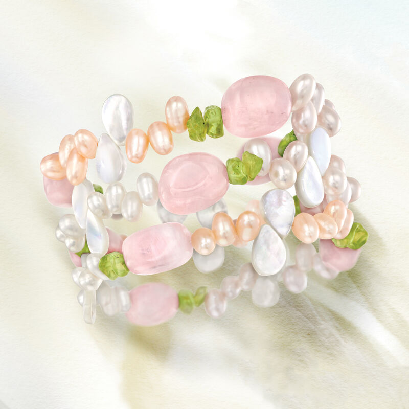 4-5mm Multicolored Cultured Pearl and Multi-Gemstone Jewelry Set: Three Stretch Bracelets image number 2