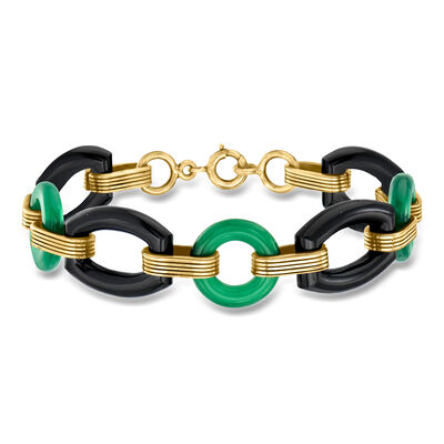 C. 1960 Vintage Onyx and Green Chalcedony Link Bracelet in 14kt Yellow Gold