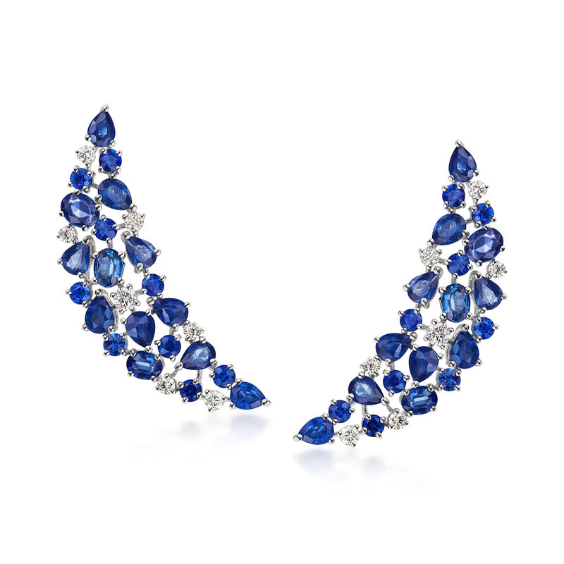 6.10 ct. t.w. Sapphire and .50 ct. t.w. Diamond Ear Climbers in 18kt White Gold image number 0