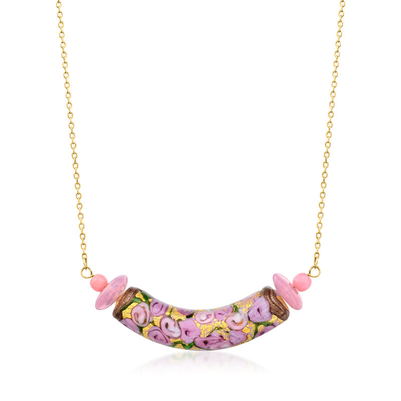 Italian Pink Murano Glass Floral Bead Necklace in 18kt Gold Over Sterling. 18&quot; image number 1
