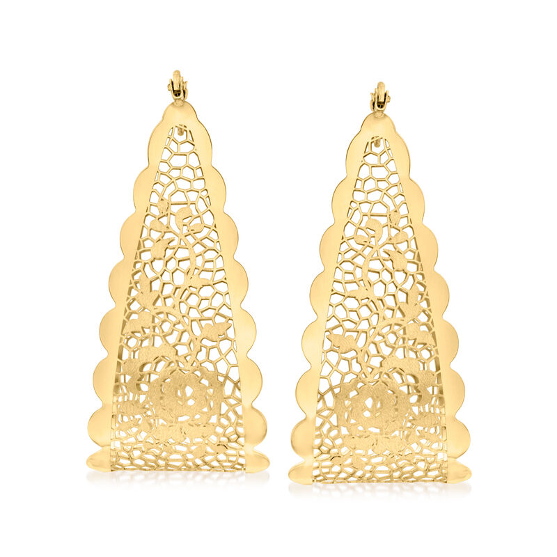 Italian 14kt Yellow Gold Floral Lace U-Shaped Hoop Earrings. 2&quot; image number 2
