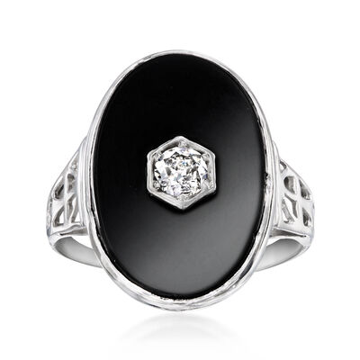 C. 1950 Vintage Onyx and .20 Carat Diamond Ring in 10kt White Gold