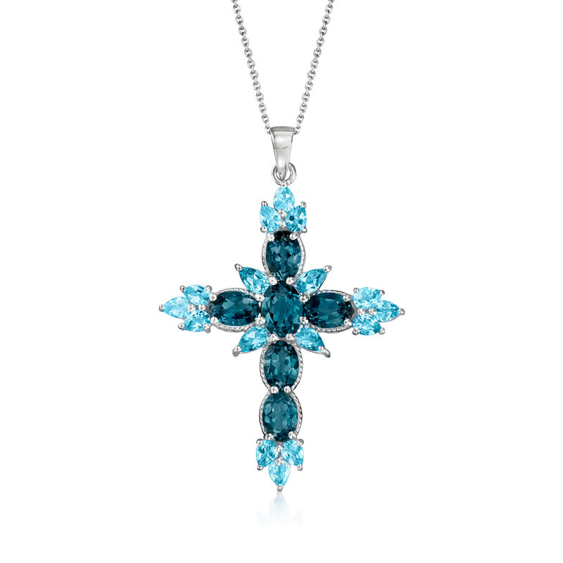 7.10 ct. t.w. London and Swiss Blue Topaz Cross Pendant Necklace in Sterling Silver. 18&quot; image number 1