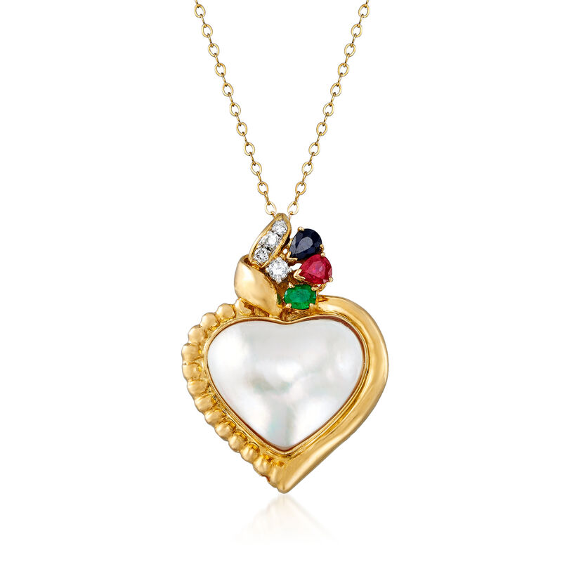 C. 1980 Vintage Cultured Mabe Pearl and .55 ct. t.w. Multi-Gem Heart Pendant Necklace with .13 ct. t.w. Diamonds in 14kt and 18kt Yellow Gold. 18&quot; image number 0