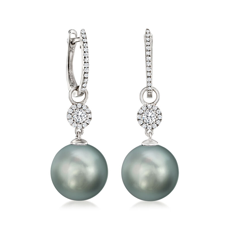 11-12mm Black Cultured Tahitian Pearl and .38 ct. t.w. Diamond Removable Hoop Drop Earrings in 18kt White Gold. 1 1/4&quot; image number 2