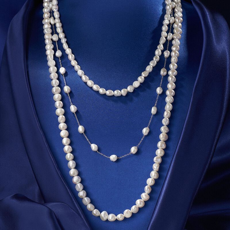 7-10mm Cultured Semi-Baroque Pearl Jewelry Set: Three Endless Necklaces with 14kt Yellow Gold. 24-36&quot; image number 5