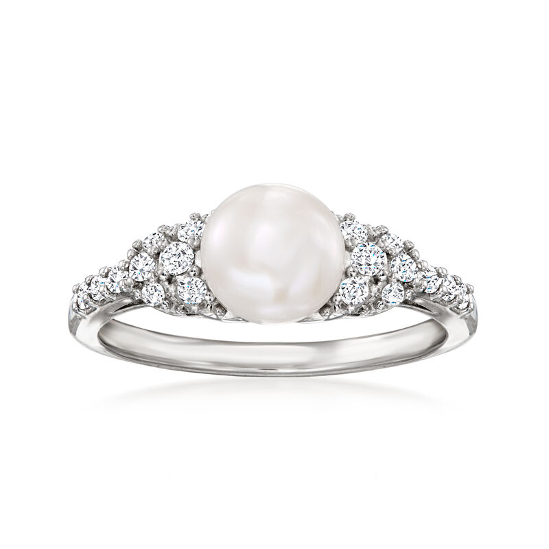 7-7.5mm Cultured Pearl and .50 ct. t.w. White Topaz Jewelry Set: Pendant Necklace and Ring in Sterling Silver. Size 7 image number 3