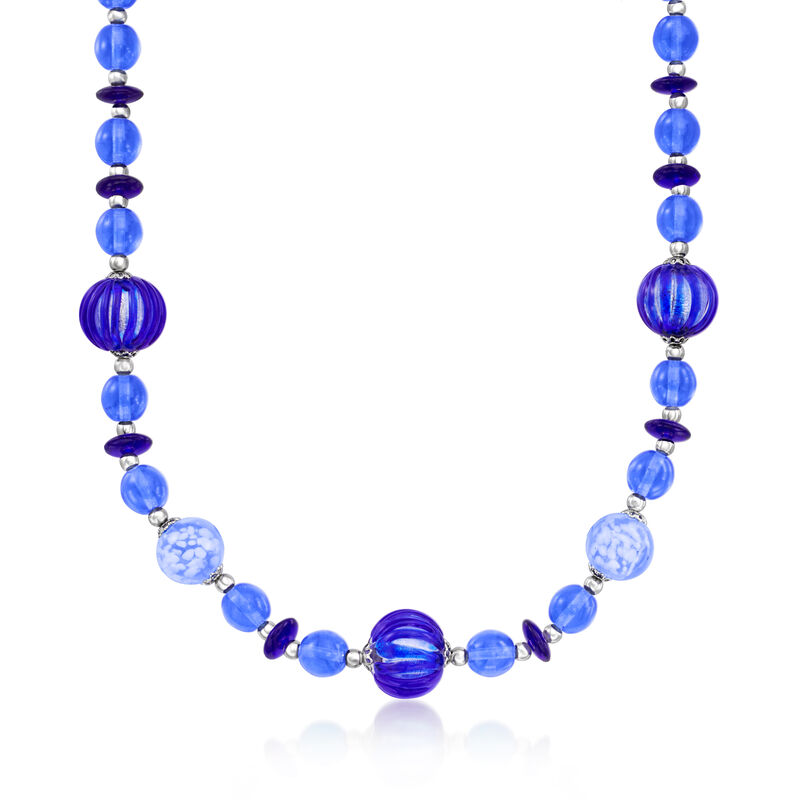 Italian Blue Murano Glass Bead Necklace in Sterling Silver image number 0