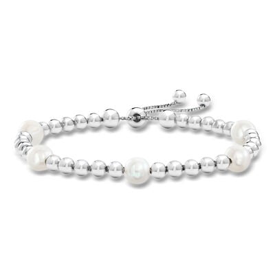 7-7.5mm Cultured Pearl and Sterling Silver Bead Station Bolo Bracelet