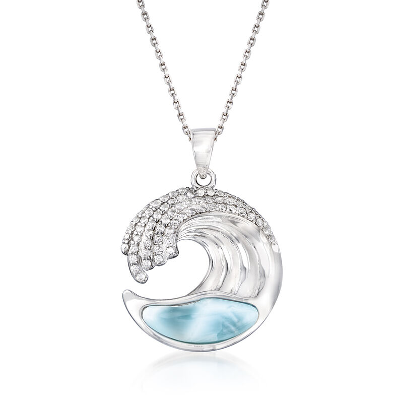 Larimar and .45 ct. t.w. CZ Wave Pendant Necklace in Sterling Silver. 18&quot; image number 1