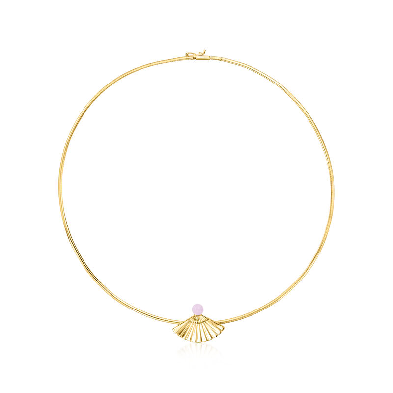 C. 1980 Vintage 6mm Lavender Jade Bead Fan Pendant Necklace in 14kt Yellow Gold. 18&quot; image number 0