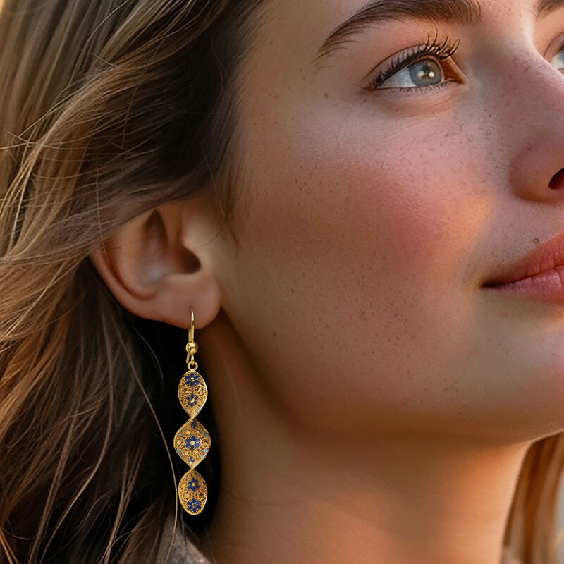 Italian Tonal Blue Enamel Floral Twisted Drop Earrings in 18kt Gold Over Sterling image number 1