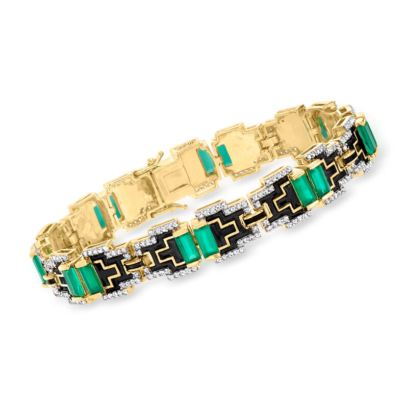 Green Chalcedony and 2.10 ct. t.w. White Topaz Bracelet with Black Enamel in 18kt Gold Over Sterling. 8" image number 0