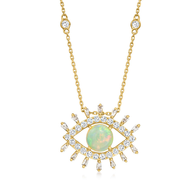 Opal and .74 ct. t.w. Diamond Evil Eye Necklace in 14kt Yellow Gold. 16&quot; image number 1