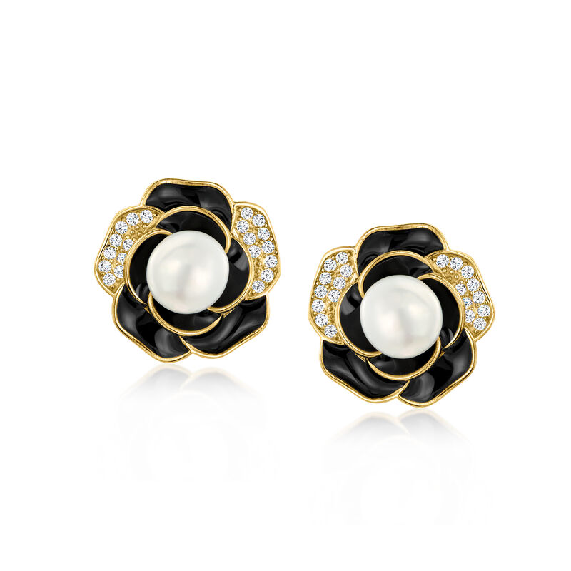 Italian 7mm Cultured Pearl and .20 ct. t.w. CZ Flower Earrings with Black Enamel in 18kt Gold Over Sterling image number 0