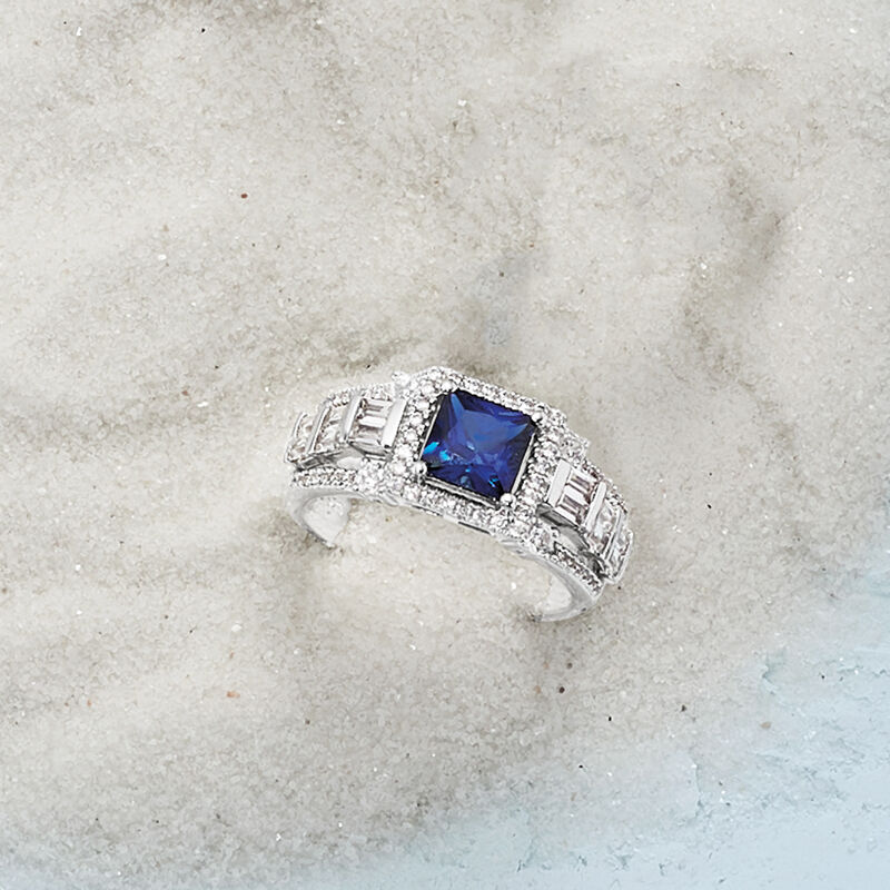 1.00 Carat Simulated Sapphire and .75 ct. t.w. CZ Ring in Sterling Silver image number 3