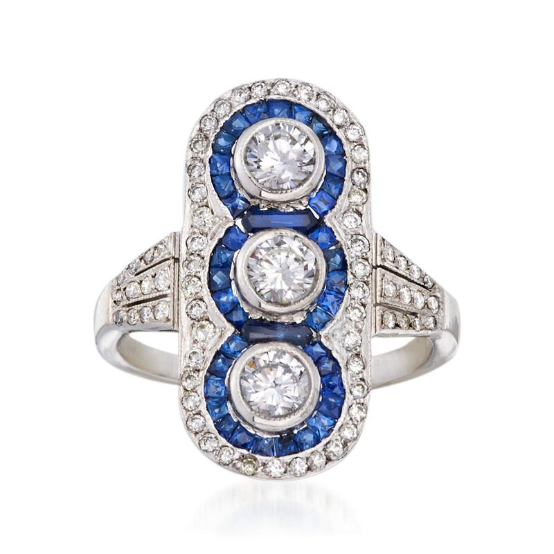C. 1970 Vintage 1.10 ct. t.w. Diamond and .85 ct. t.w. Sapphire Dinner Ring in Platinum. Size 5.5 image number 0