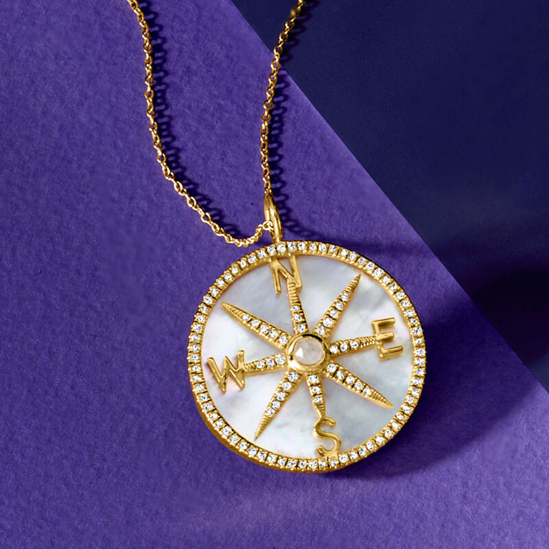 Moonstone and Mother-of-Pearl Compass Pendant Necklace with .34 ct. t.w. Diamonds in 14kt Yellow Gold image number 2