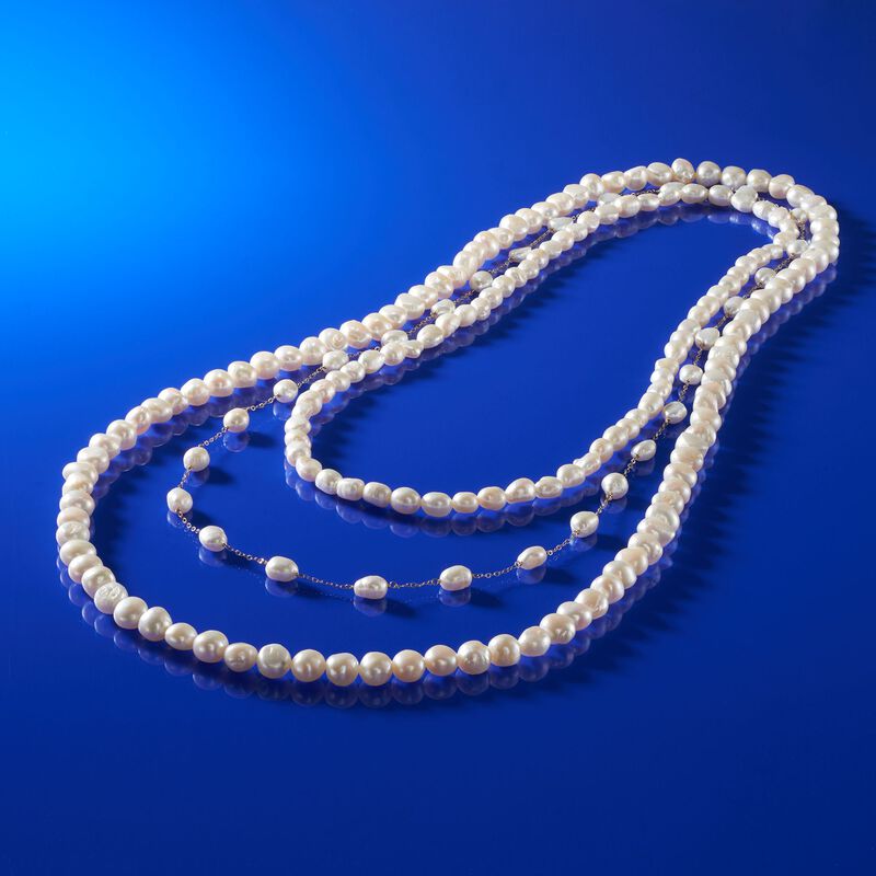 7-10mm Cultured Semi-Baroque Pearl Jewelry Set: Three Endless Necklaces with 14kt Yellow Gold. 24-36&quot; image number 3