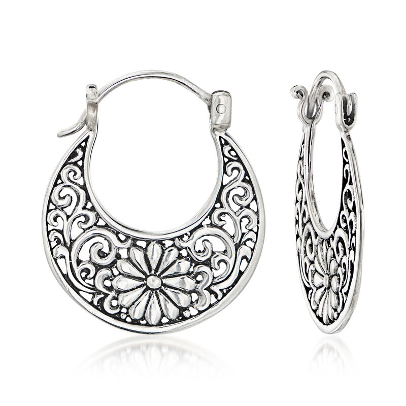 Sterling Silver Bali-Style Floral Swirl Hoop Earrings. 1" image number 0